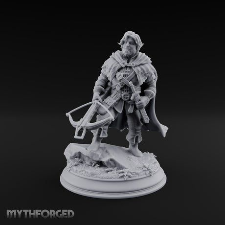 Small Game Hunter Halfling Ranger with Crossbow and Sword on Rocky Base
