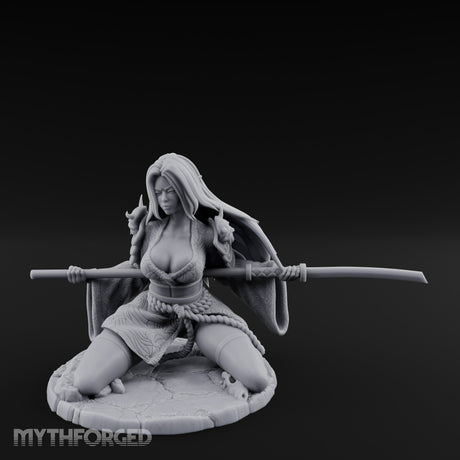 Sweeping Kneeling Human Samurai Miniature for Dungeons and Dragons, Pathfinder or other TTRPGs