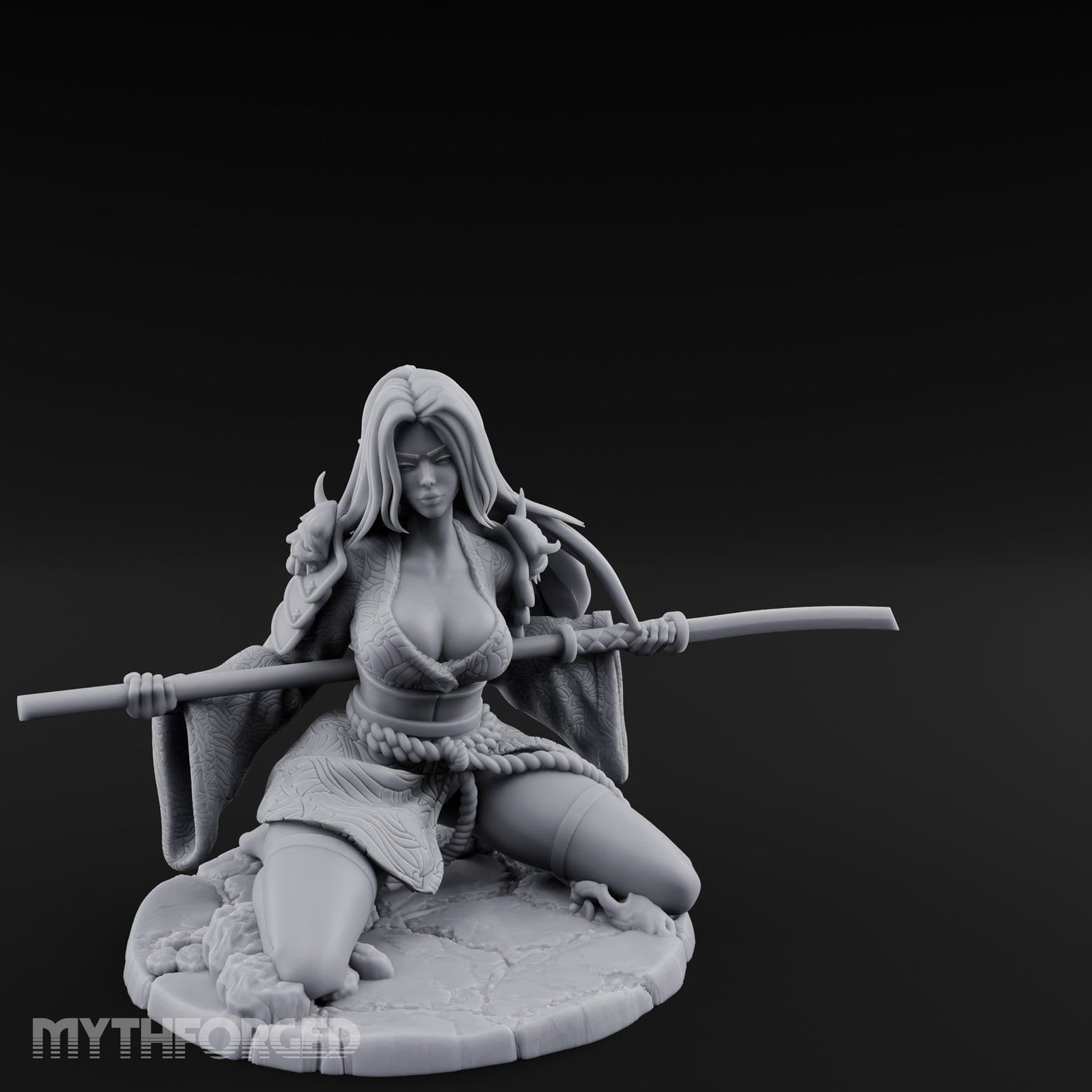 Sweeping Kneeling Human Samurai Miniature for Dungeons and Dragons, Pathfinder or other TTRPGs