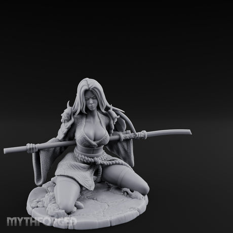 Sweeping Kneeling Human Samurai Miniature for Dungeons and Dragons, Pathfinder or other TTRPGs