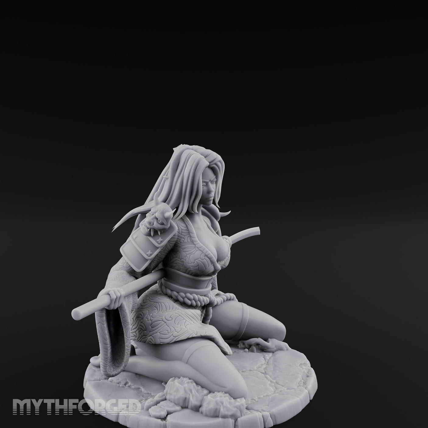 Sweeping Kneeling Human Samurai Miniature for Dungeons and Dragons, Pathfinder or other TTRPGs