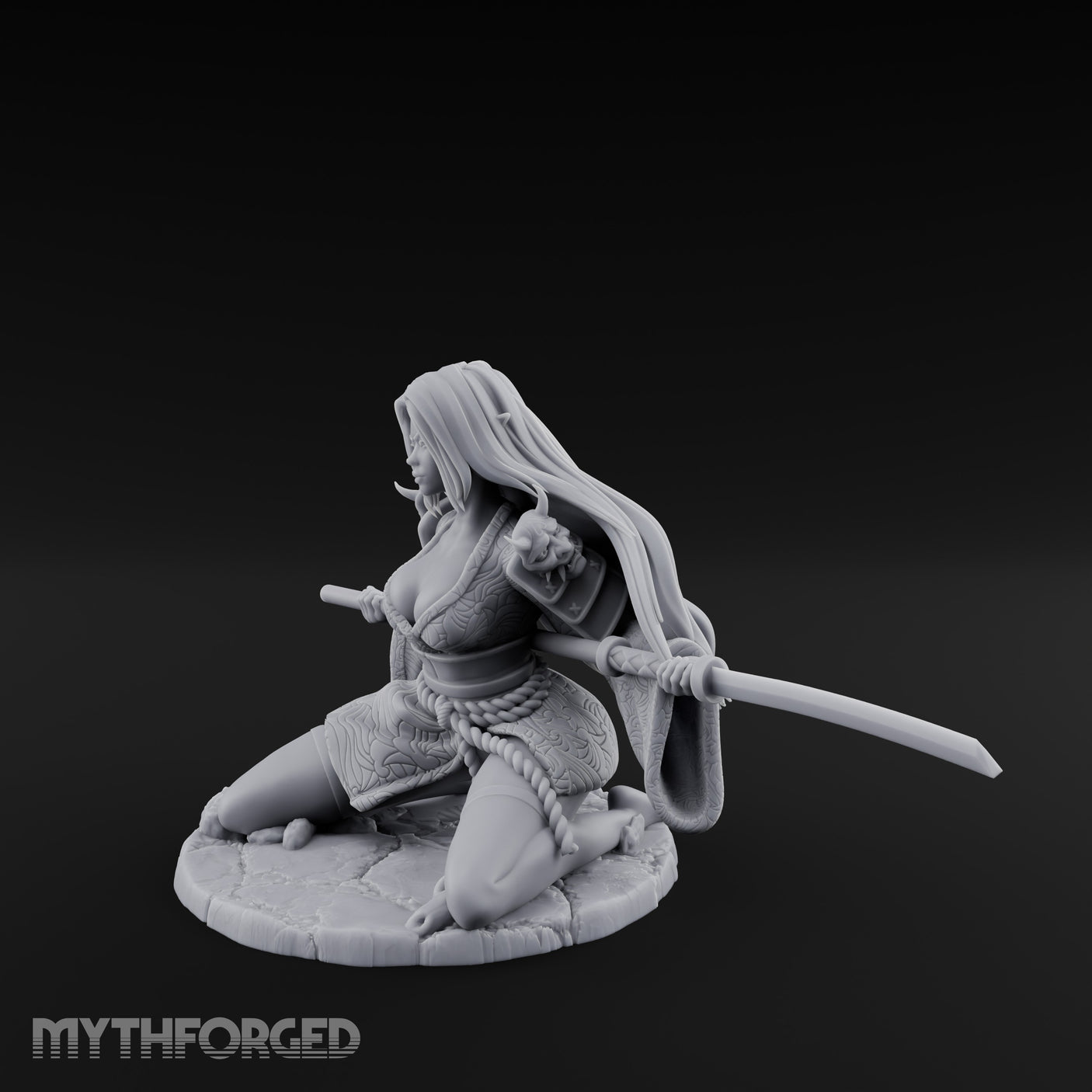 Sweeping Kneeling Human Samurai Miniature for Dungeons and Dragons, Pathfinder or other TTRPGs