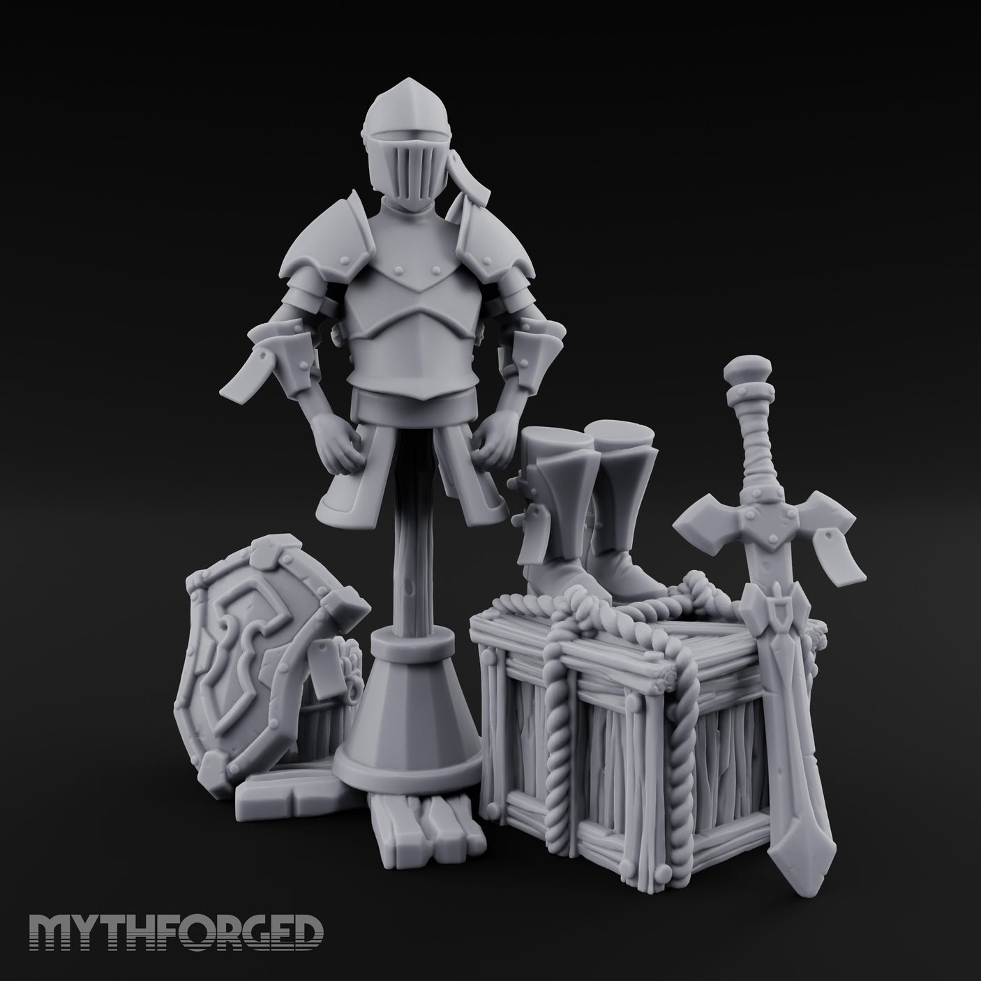 Sword-Leaned Rope-Bound Knight's Armour Stand Scene Miniature for Dungeons and Dragons, Pathfinder or other TTRPGs