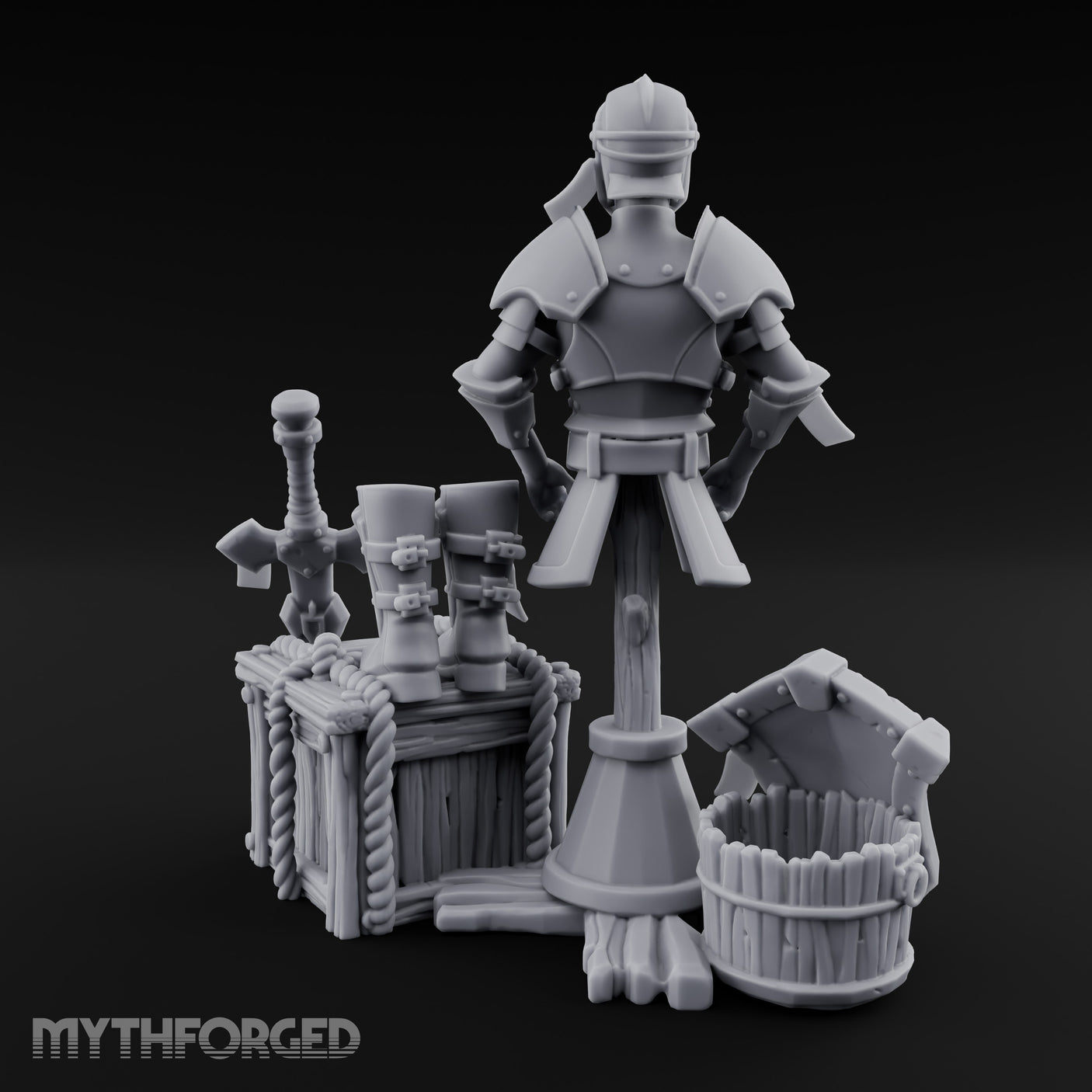 Sword-Leaned Rope-Bound Knight's Armour Stand Scene Miniature for Dungeons and Dragons, Pathfinder or other TTRPGs