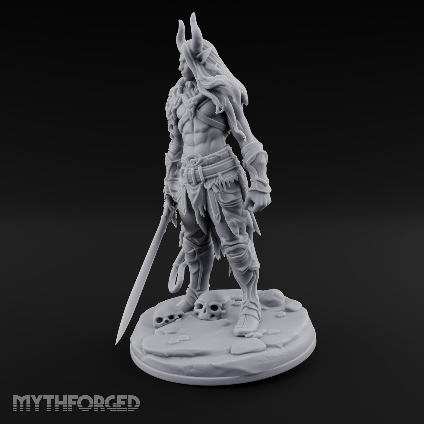 Sword Lowered Skulls Underfoot Demon Warrior Miniature for Dungeons and Dragons, Pathfinder or other TTRPGs
