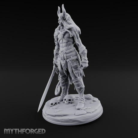 Sword Lowered Skulls Underfoot Demon Warrior Miniature for Dungeons and Dragons, Pathfinder or other TTRPGs