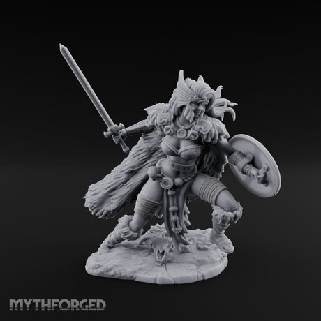 Sword Raised Shield Braced Human Barbarian Miniature for Dungeons and Dragons, Pathfinder or other TTRPGs
