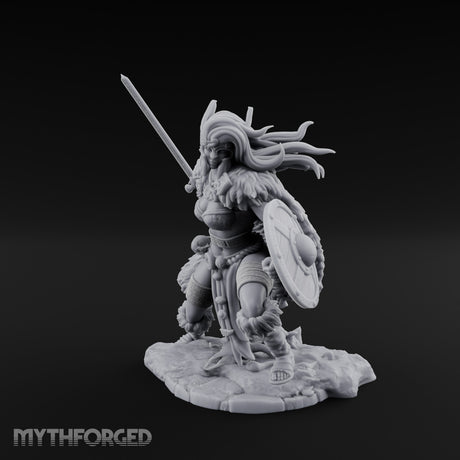 Sword Raised Shield Braced Human Barbarian Miniature for Dungeons and Dragons, Pathfinder or other TTRPGs