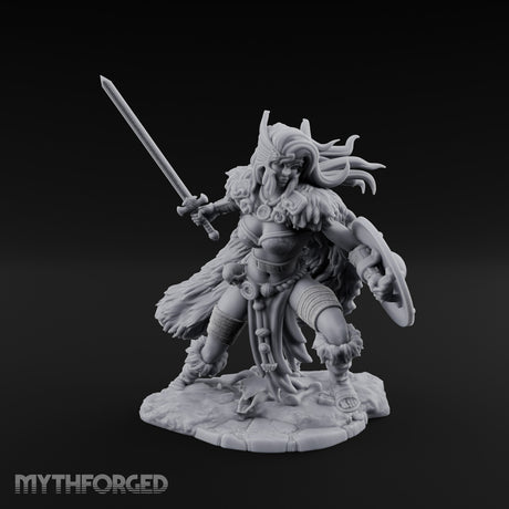 Sword Raised Shield Braced Human Barbarian Miniature for Dungeons and Dragons, Pathfinder or other TTRPGs