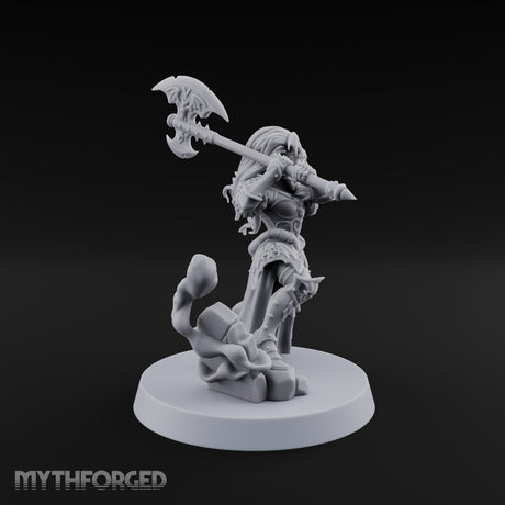 Fangs Out, Hair Flying Vampire Female Lord with Bat-Winged Axe
