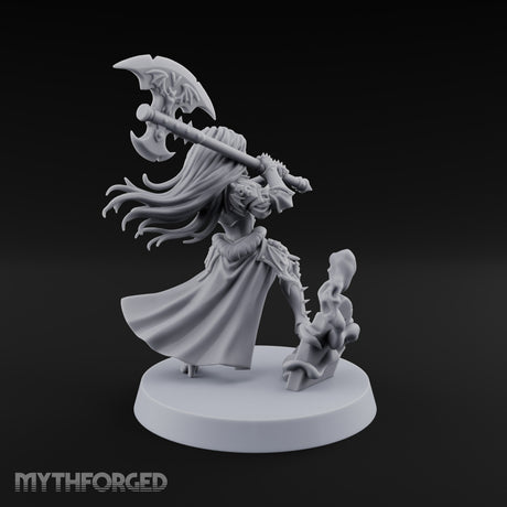 Fangs Out, Hair Flying Vampire Female Lord with Bat-Winged Axe