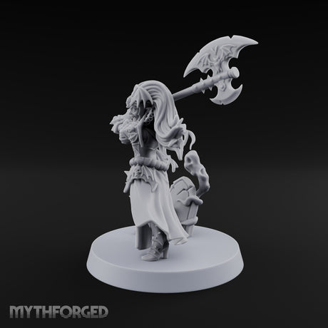 Fangs Out, Hair Flying Vampire Female Lord with Bat-Winged Axe