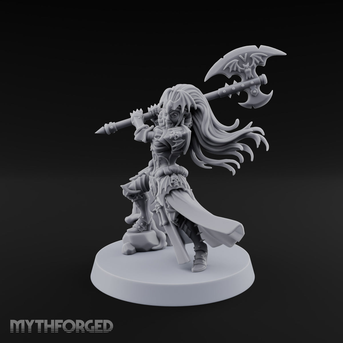 Fangs Out, Hair Flying Vampire Female Lord with Bat-Winged Axe