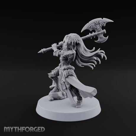 Fangs Out, Hair Flying Vampire Female Lord with Bat-Winged Axe