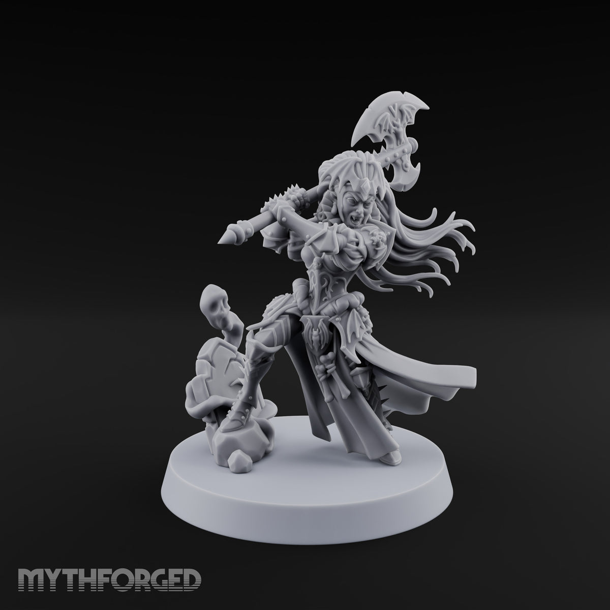 Fangs Out, Hair Flying Vampire Female Lord with Bat-Winged Axe