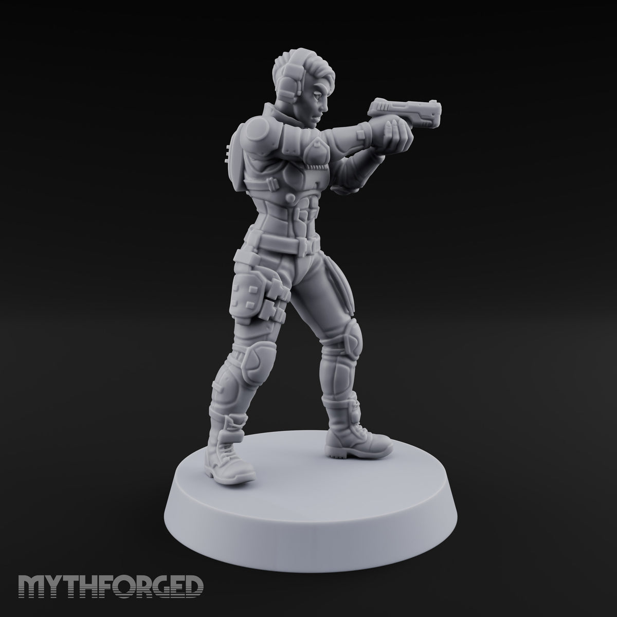 Sights Locked, Mic Live Human Female Officer with Sci-Fi Pistol and Headset