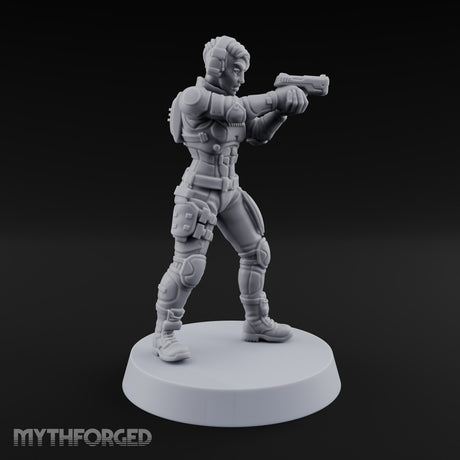 Sights Locked, Mic Live Human Female Officer with Sci-Fi Pistol and Headset