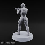 Sights Locked, Mic Live Human Female Officer with Sci-Fi Pistol and Headset