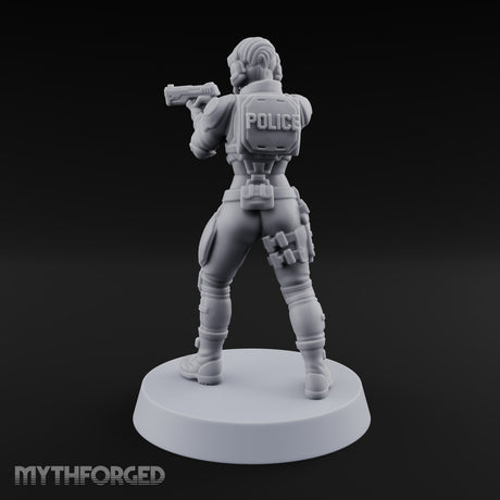 Sights Locked, Mic Live Human Female Officer with Sci-Fi Pistol and Headset