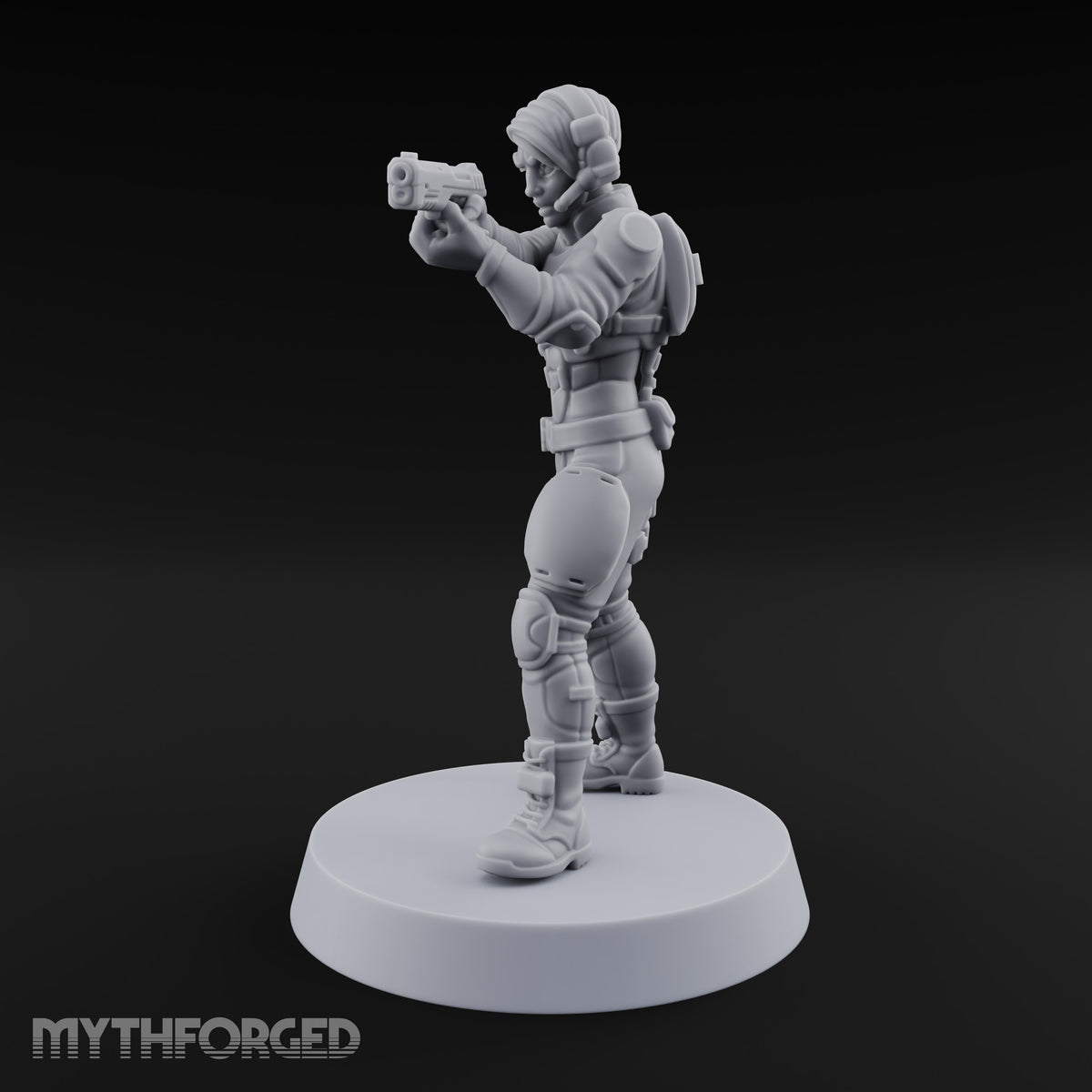 Sights Locked, Mic Live Human Female Officer with Sci-Fi Pistol and Headset