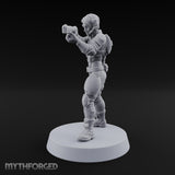 Sights Locked, Mic Live Human Female Officer with Sci-Fi Pistol and Headset