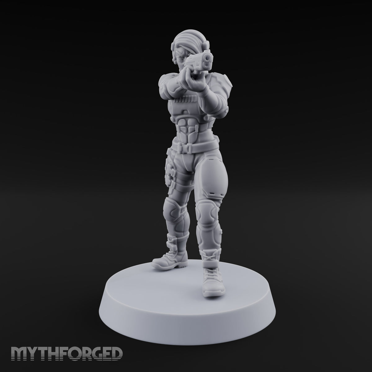 Sights Locked, Mic Live Human Female Officer with Sci-Fi Pistol and Headset