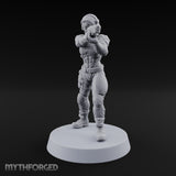 Sights Locked, Mic Live Human Female Officer with Sci-Fi Pistol and Headset