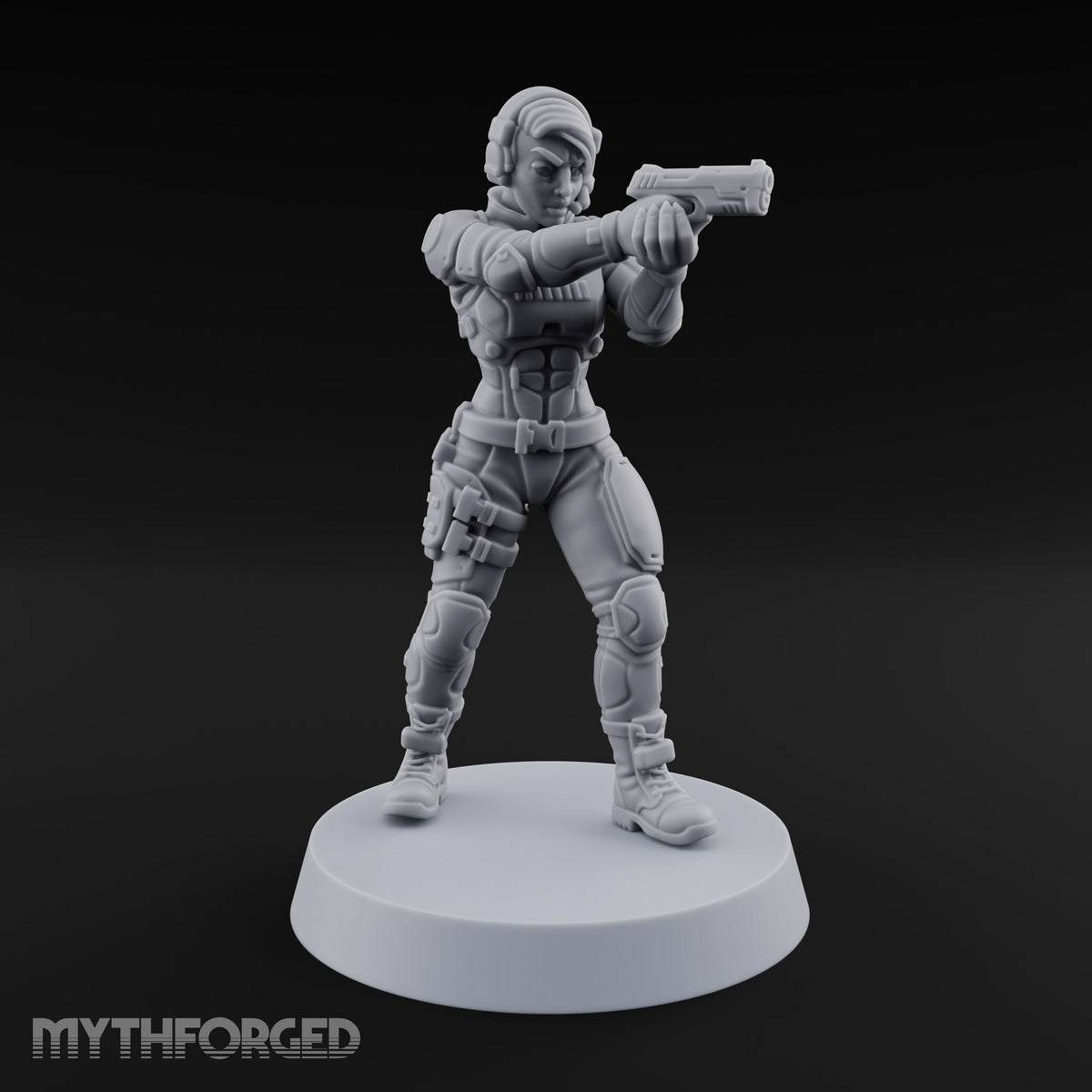 Sights Locked, Mic Live Human Female Officer with Sci-Fi Pistol and Headset