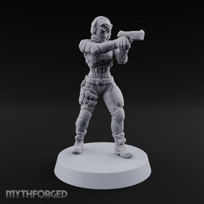 Sights Locked, Mic Live Human Female Officer with Sci-Fi Pistol and Headset