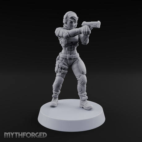 Sights Locked, Mic Live Human Female Officer with Sci-Fi Pistol and Headset
