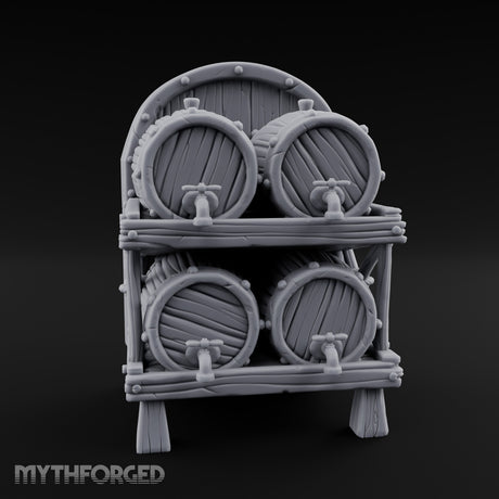 Tap-Fitted Stave-Grained Tavern Barrel Rack Miniature for Dungeons and Dragons, Pathfinder or other TTRPGs