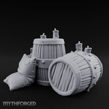 Tap-Plugged Sack-Leaning Barrel and Sack Set Miniature for Dungeons and Dragons, Pathfinder or other TTRPGs