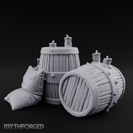 Tap-Plugged Sack-Leaning Barrel and Sack Set Miniature for Dungeons and Dragons, Pathfinder or other TTRPGs
