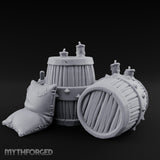 Tap-Plugged Sack-Leaning Barrel and Sack Set Miniature for Dungeons and Dragons, Pathfinder or other TTRPGs