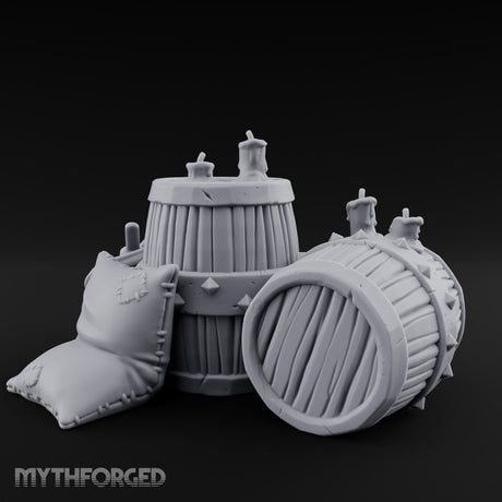 Tap-Plugged Sack-Leaning Barrel and Sack Set Miniature for Dungeons and Dragons, Pathfinder or other TTRPGs