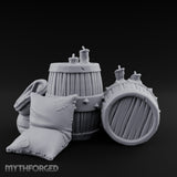 Tap-Plugged Sack-Leaning Barrel and Sack Set Miniature for Dungeons and Dragons, Pathfinder or other TTRPGs