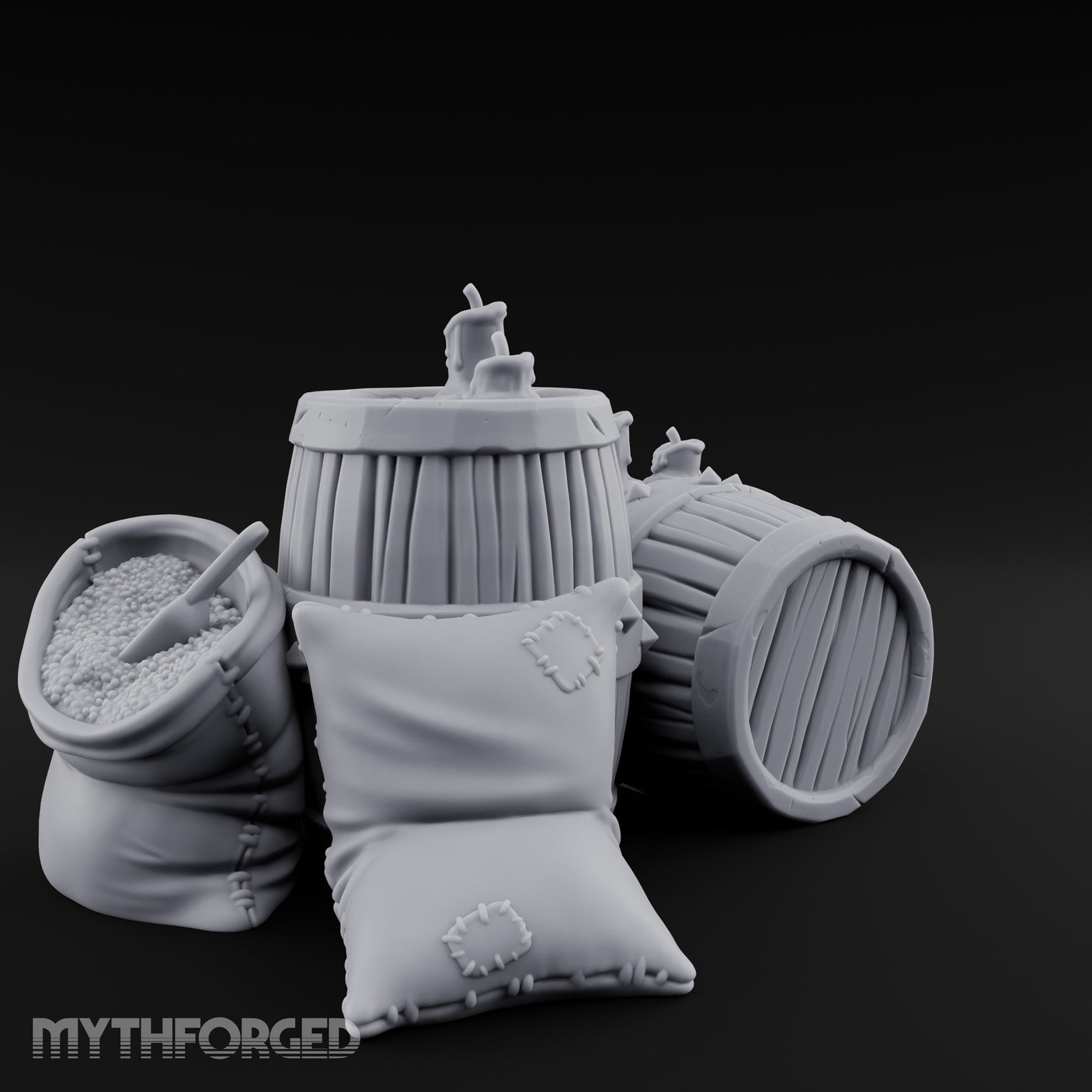 Tap-Plugged Sack-Leaning Barrel and Sack Set Miniature for Dungeons and Dragons, Pathfinder or other TTRPGs