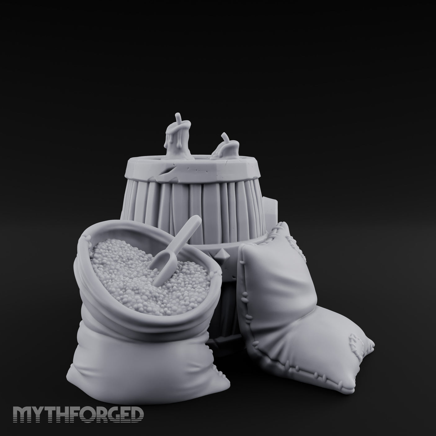 Tap-Plugged Sack-Leaning Barrel and Sack Set Miniature for Dungeons and Dragons, Pathfinder or other TTRPGs