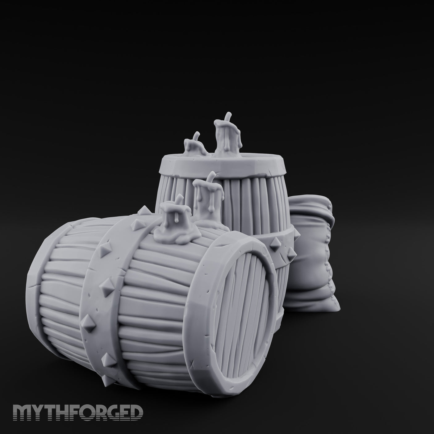 Tap-Plugged Sack-Leaning Barrel and Sack Set Miniature for Dungeons and Dragons, Pathfinder or other TTRPGs