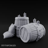Tap-Plugged Sack-Leaning Barrel and Sack Set Miniature for Dungeons and Dragons, Pathfinder or other TTRPGs