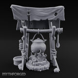Tarp-Sheltered Ladle-Hung Camp Cooking Station Miniature for Dungeons and Dragons, Pathfinder or other TTRPGs