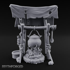 Tarp-Sheltered Ladle-Hung Camp Cooking Station Miniature for Dungeons and Dragons, Pathfinder or other TTRPGs