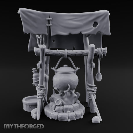 Tarp-Sheltered Ladle-Hung Camp Cooking Station Miniature for Dungeons and Dragons, Pathfinder or other TTRPGs