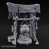Tarp-Sheltered Ladle-Hung Camp Cooking Station Miniature for Dungeons and Dragons, Pathfinder or other TTRPGs