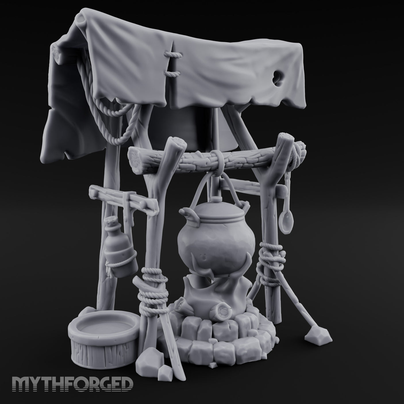 Tarp-Sheltered Ladle-Hung Camp Cooking Station Miniature for Dungeons and Dragons, Pathfinder or other TTRPGs