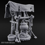 Tarp-Sheltered Ladle-Hung Camp Cooking Station Miniature for Dungeons and Dragons, Pathfinder or other TTRPGs