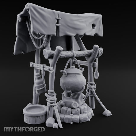 Tarp-Sheltered Ladle-Hung Camp Cooking Station Miniature for Dungeons and Dragons, Pathfinder or other TTRPGs