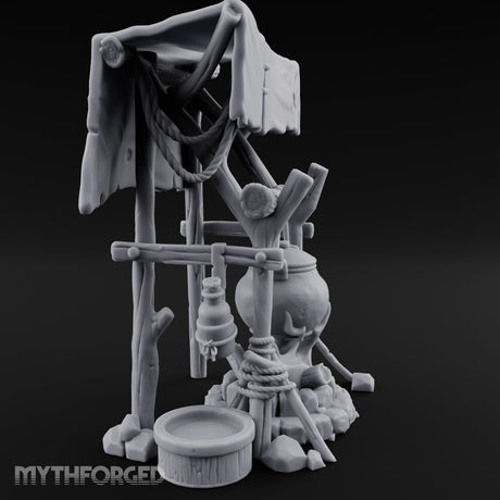 Tarp-Sheltered Ladle-Hung Camp Cooking Station Miniature for Dungeons and Dragons, Pathfinder or other TTRPGs