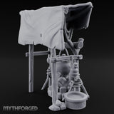 Tarp-Sheltered Ladle-Hung Camp Cooking Station Miniature for Dungeons and Dragons, Pathfinder or other TTRPGs