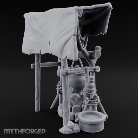 Tarp-Sheltered Ladle-Hung Camp Cooking Station Miniature for Dungeons and Dragons, Pathfinder or other TTRPGs